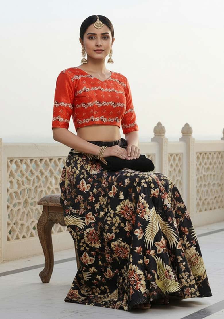 Black Satin Lehenga Set with Printed for Diwali | Wedding & Festive Wear - Indya