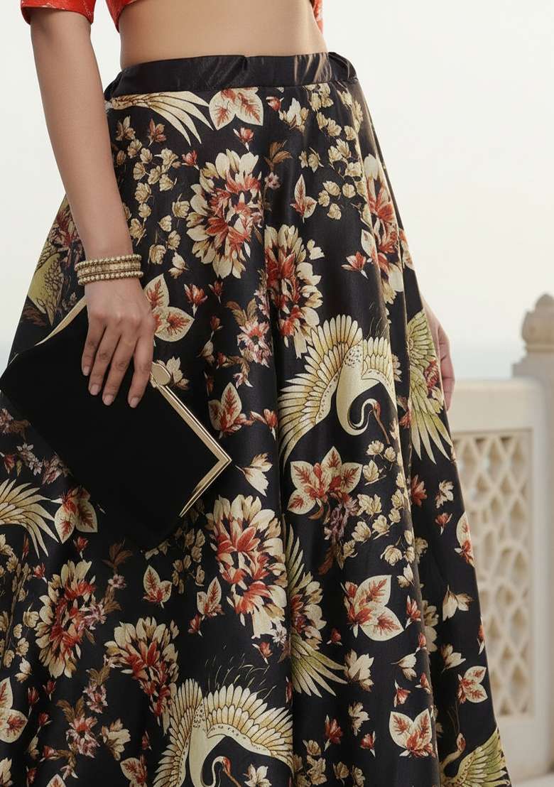 Black Satin Lehenga Set with Printed for Diwali | Wedding & Festive Wear - Indya