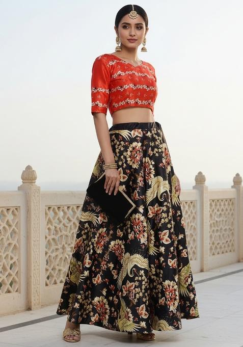 Black Printed Satin Lehenga Set