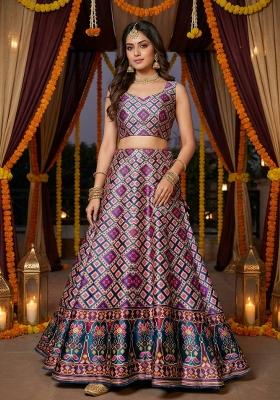 Blue Printed Satin Lehenga Set
