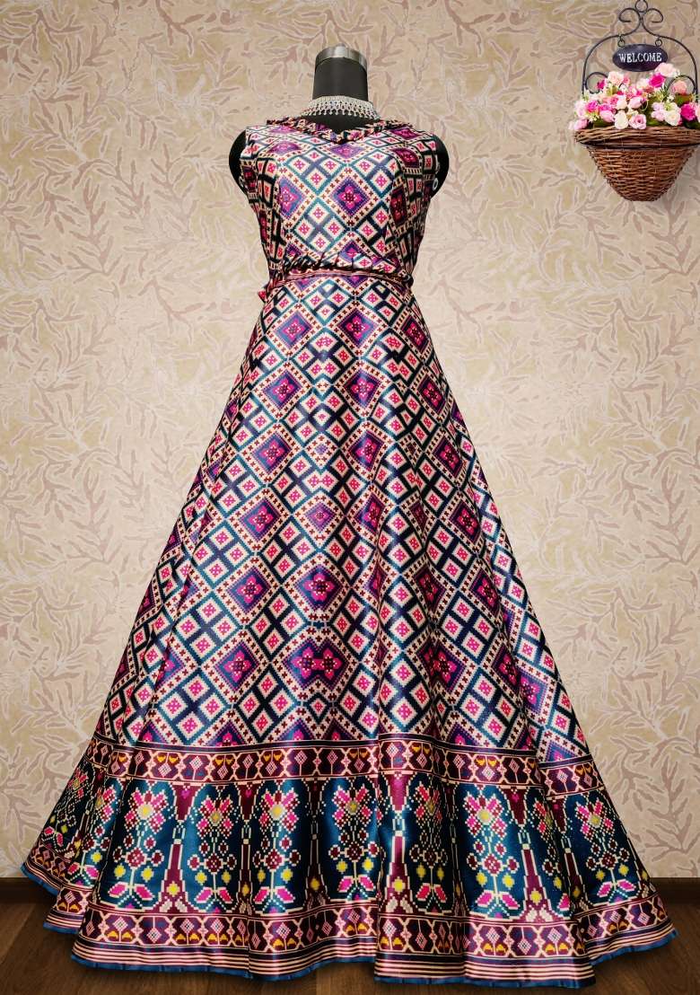Blue Printed Satin Lehenga Set for Diwali and Festive Wear - Indya