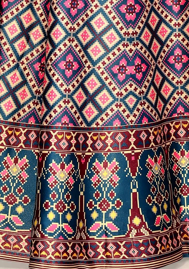 Blue Printed Satin Lehenga Set for Diwali and Festive Wear - Indya