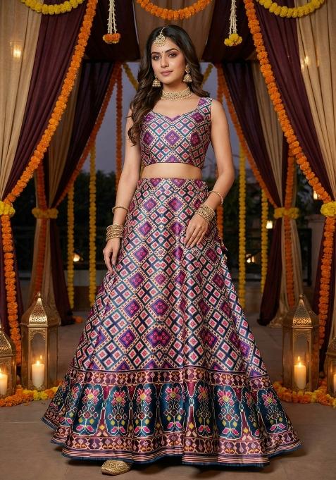 Blue Printed Satin Lehenga Set