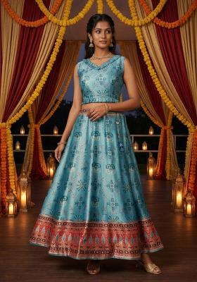 Aqua Blue Printed Satin Lehenga Set