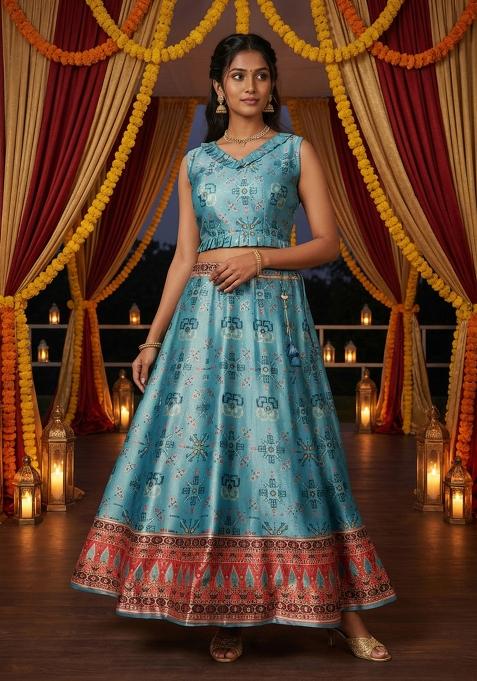Aqua Blue Printed Satin Lehenga Set