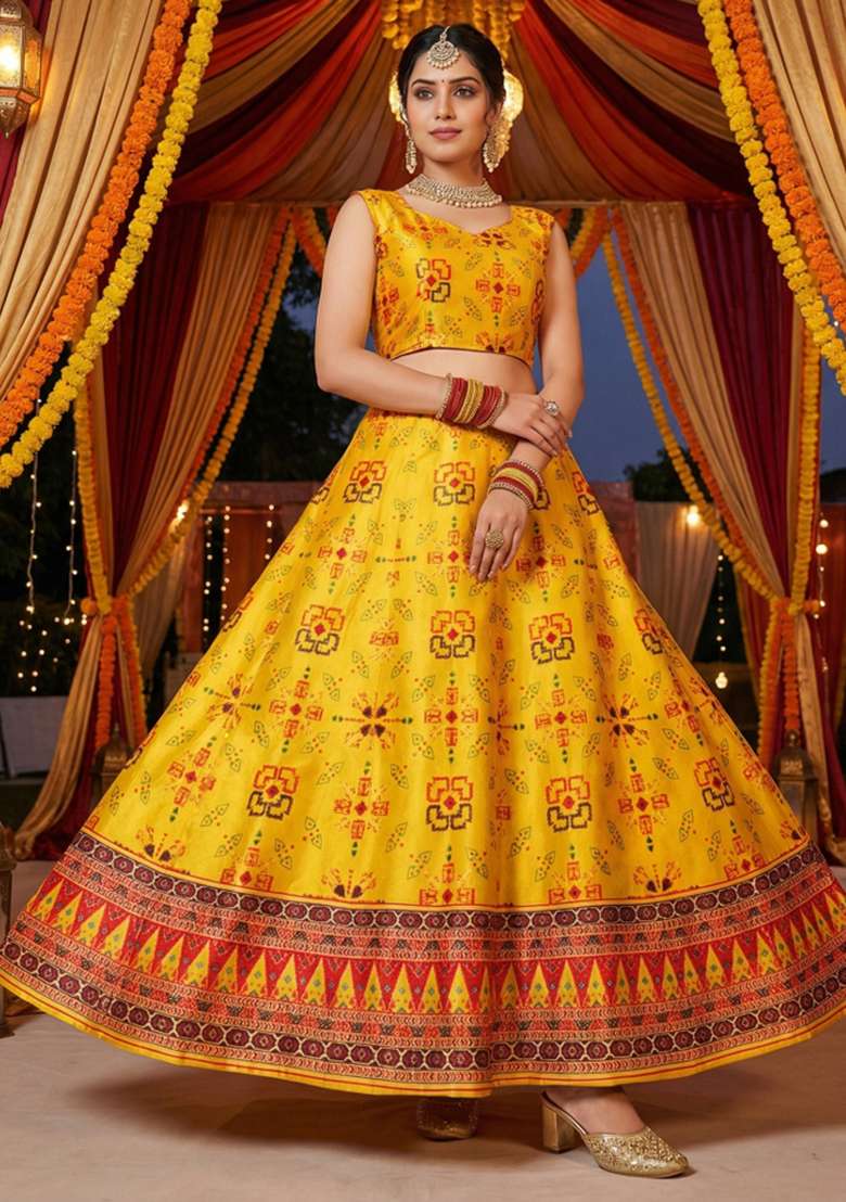 Yellow Satin Lehenga Set with Printed for Diwali | Wedding & Festive Wear - Indya