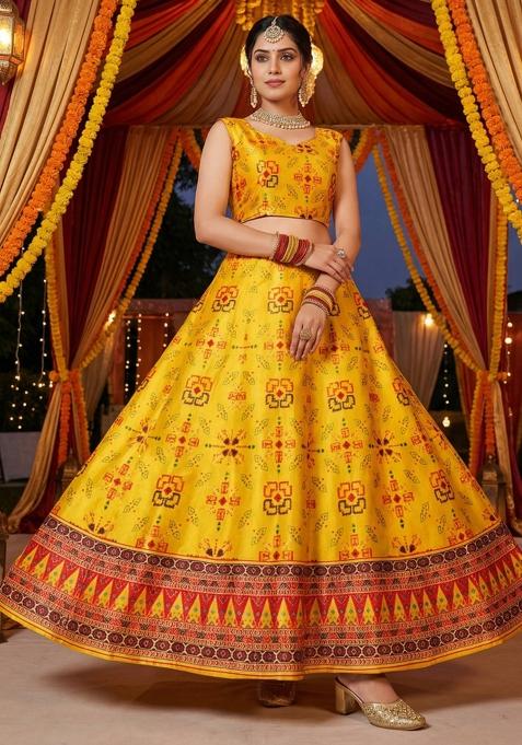 Yellow Printed Satin Lehenga Set