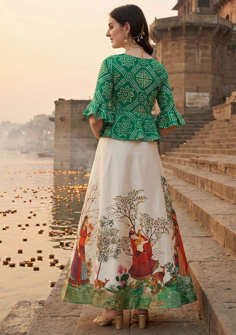 Green Printed Satin Lehenga Set for Diwali and Festive Wear - Indya