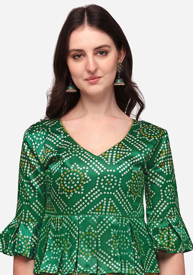 Green Printed Satin Lehenga Set for Diwali and Festive Wear - Indya