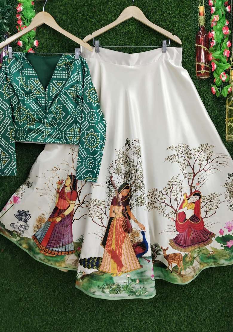 Green Printed Satin Lehenga Set for Diwali and Festive Wear - Indya