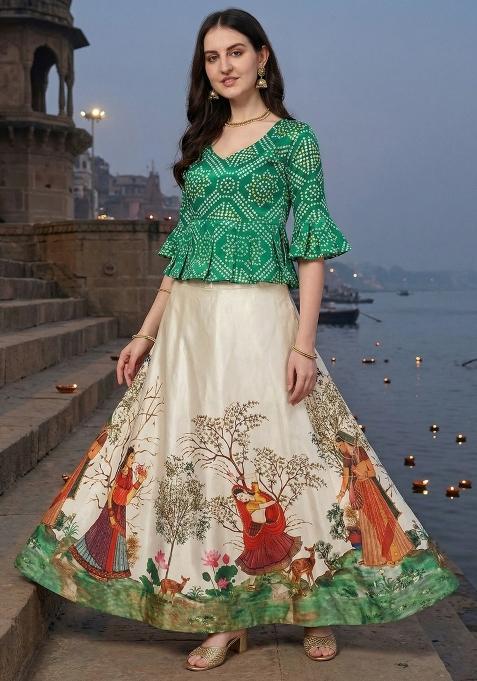Green Printed Satin Lehenga Set