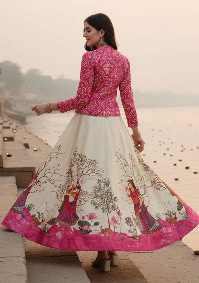 Pink Printed Satin Lehenga Set for Diwali and Festive Wear - Indya