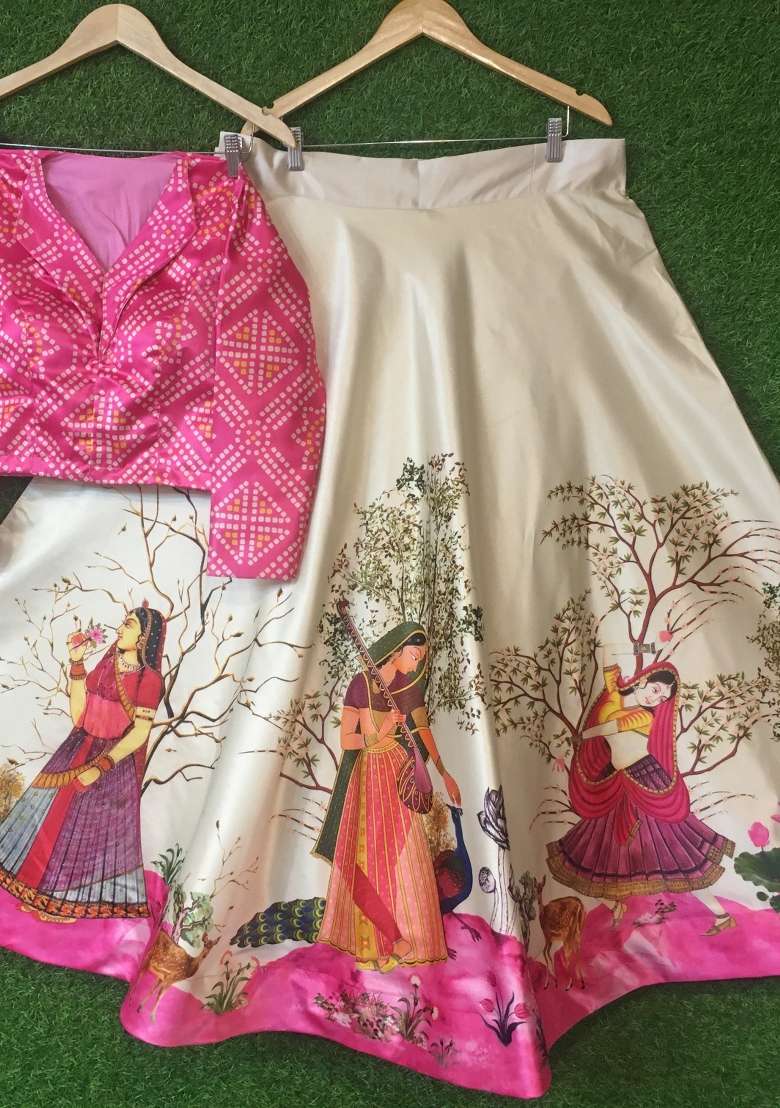 Pink Printed Satin Lehenga Set for Diwali and Festive Wear - Indya