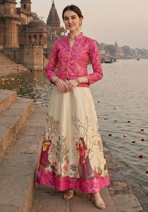 Pink Printed Satin Lehenga Set