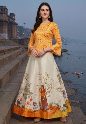 Yellow Printed Satin Lehenga Set