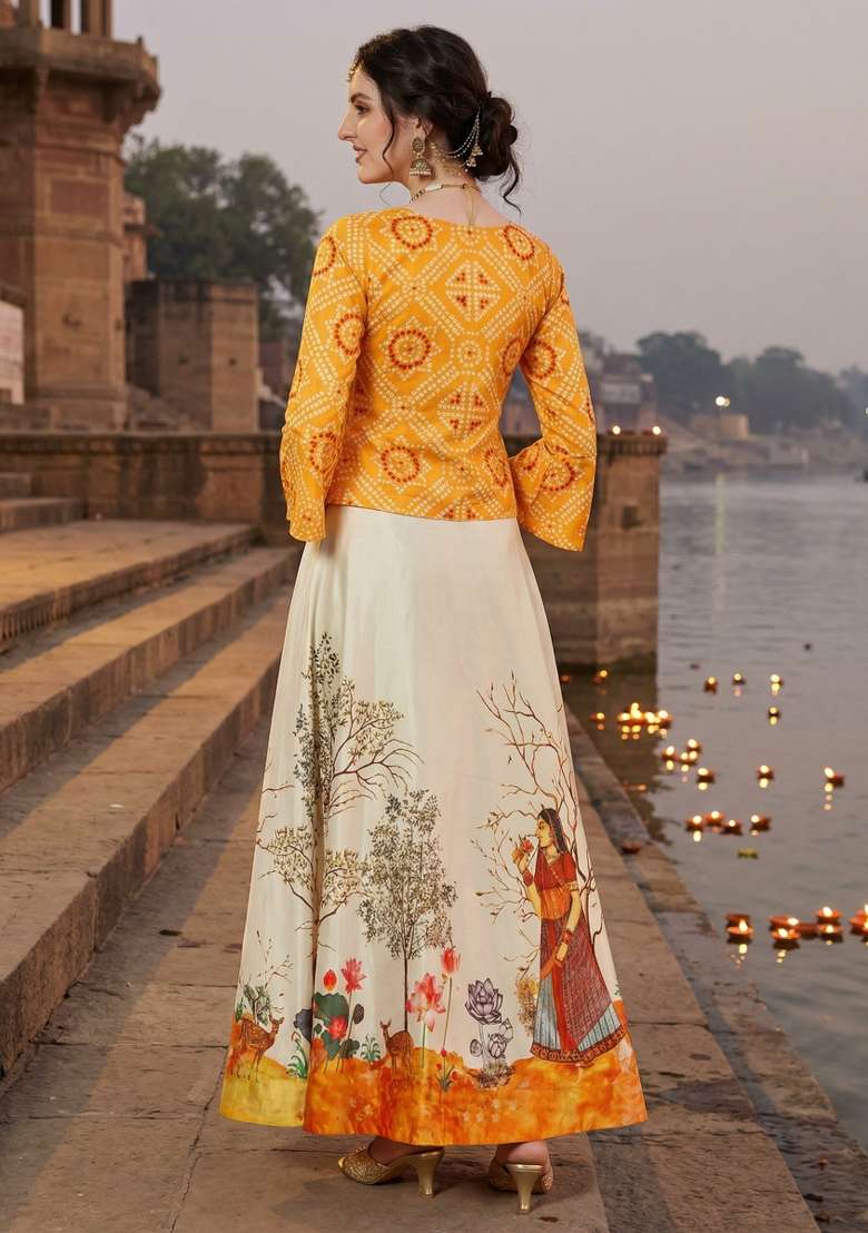 Yellow Printed Satin Lehenga Set for Diwali and Festive Wear - Indya