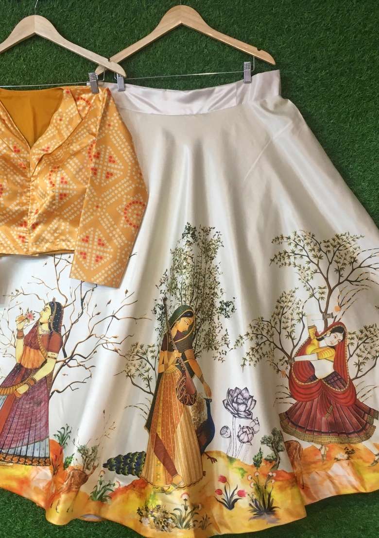 Yellow Printed Satin Lehenga Set for Diwali and Festive Wear - Indya