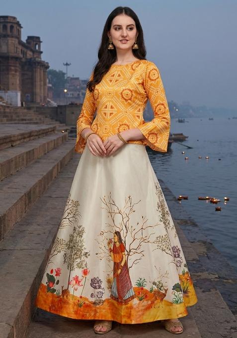 Yellow Printed Satin Lehenga Set