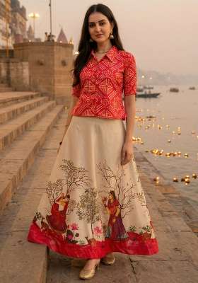 Red Satin Lehenga Set with Printed for Diwali | Wedding & Festive Wear