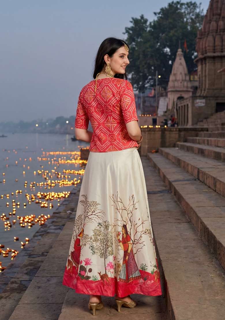 Red Satin Lehenga Set with Printed for Diwali | Wedding & Festive Wear - Indya