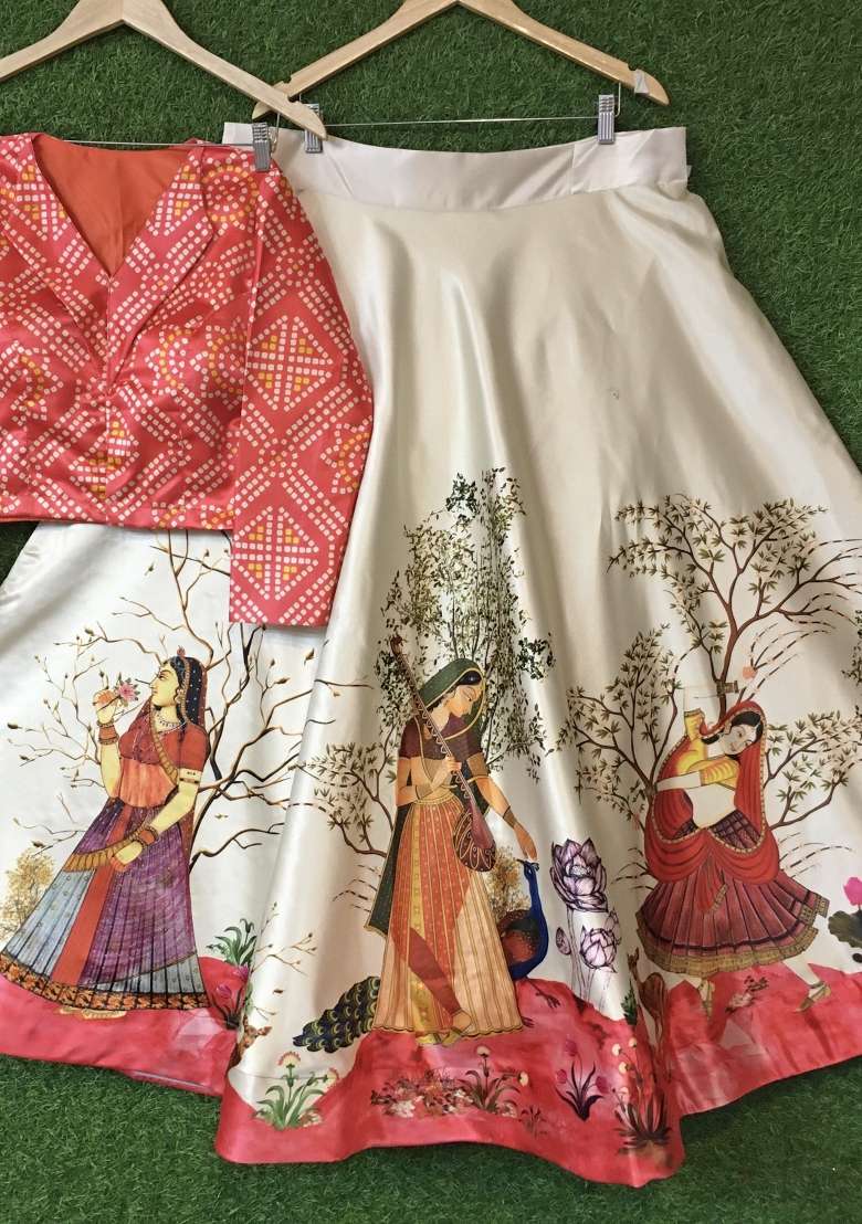 Red Satin Lehenga Set with Printed for Diwali | Wedding & Festive Wear - Indya
