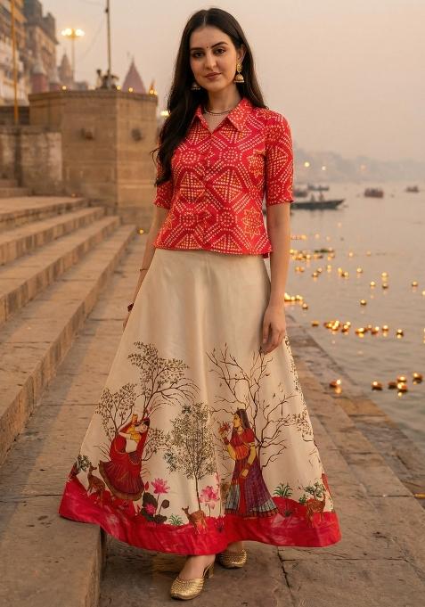 Red Printed Satin Lehenga Set