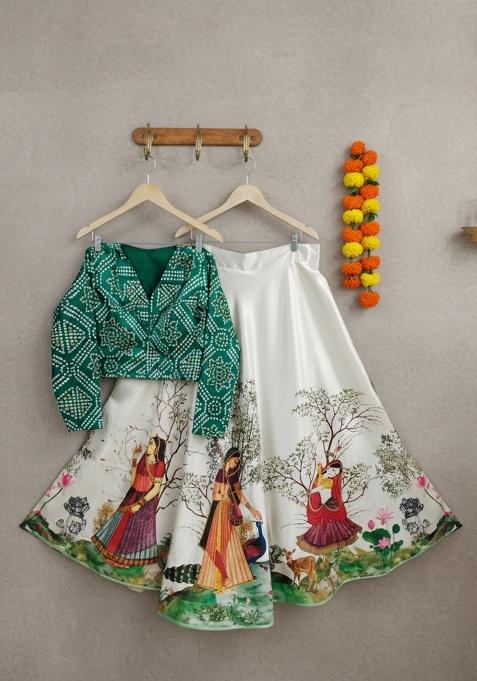 Green Printed Satin Lehenga Set