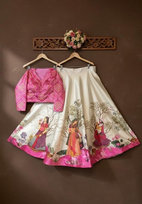 Pink Printed Satin Lehenga Set