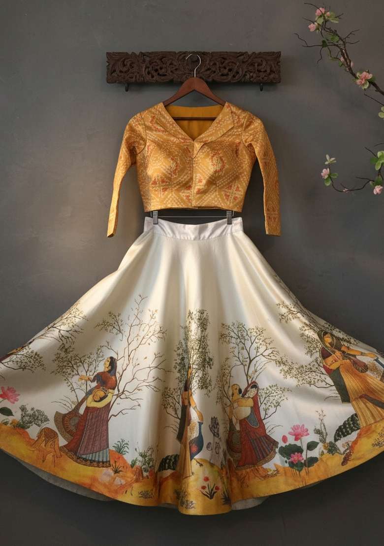 Yellow Printed Satin Lehenga Set for Diwali and Festive Wear - Indya