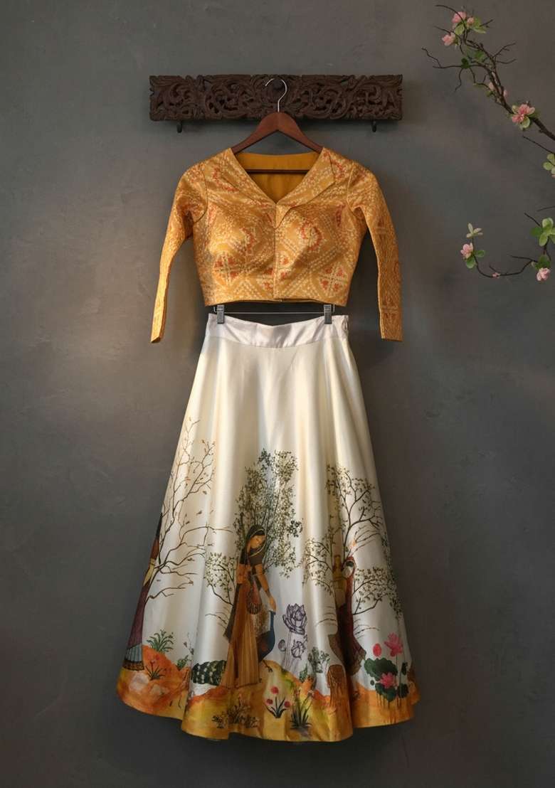 Yellow Printed Satin Lehenga Set for Diwali and Festive Wear - Indya