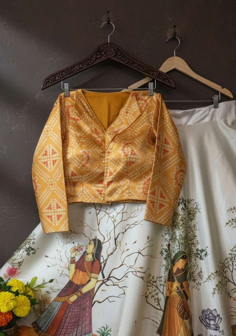 Yellow Printed Satin Lehenga Set for Diwali and Festive Wear - Indya