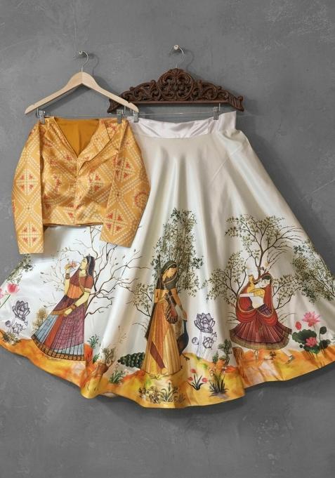 Yellow Printed Satin Lehenga Set