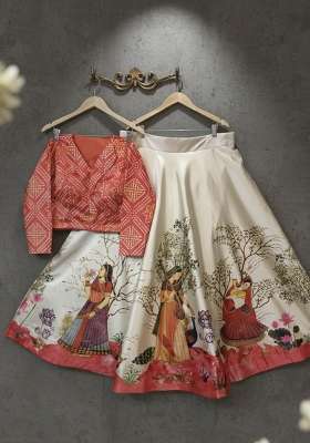 Red Satin Lehenga Set with Printed for Diwali | Wedding & Festive Wear