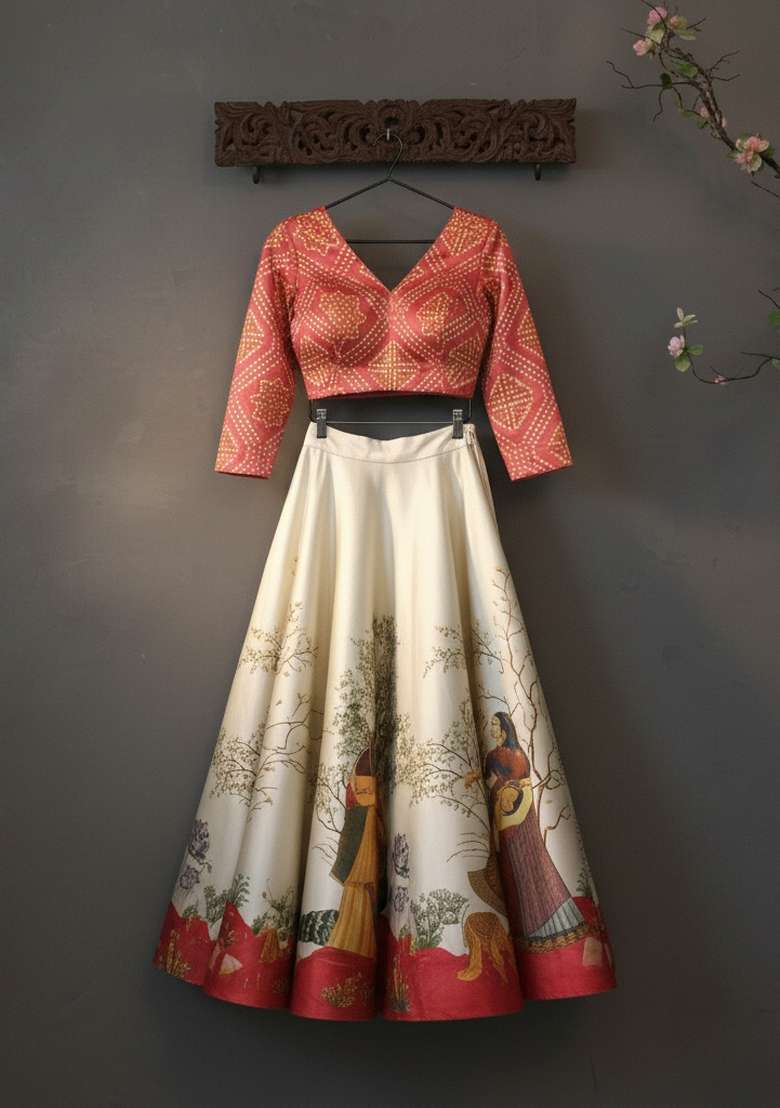 Red Satin Lehenga Set with Printed for Diwali | Wedding & Festive Wear - Indya