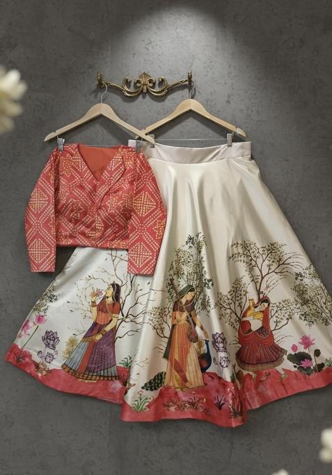 Red Printed Satin Lehenga Set
