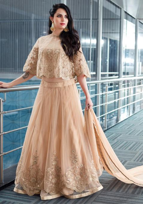 Beige Embroidery Net Lehenga Set