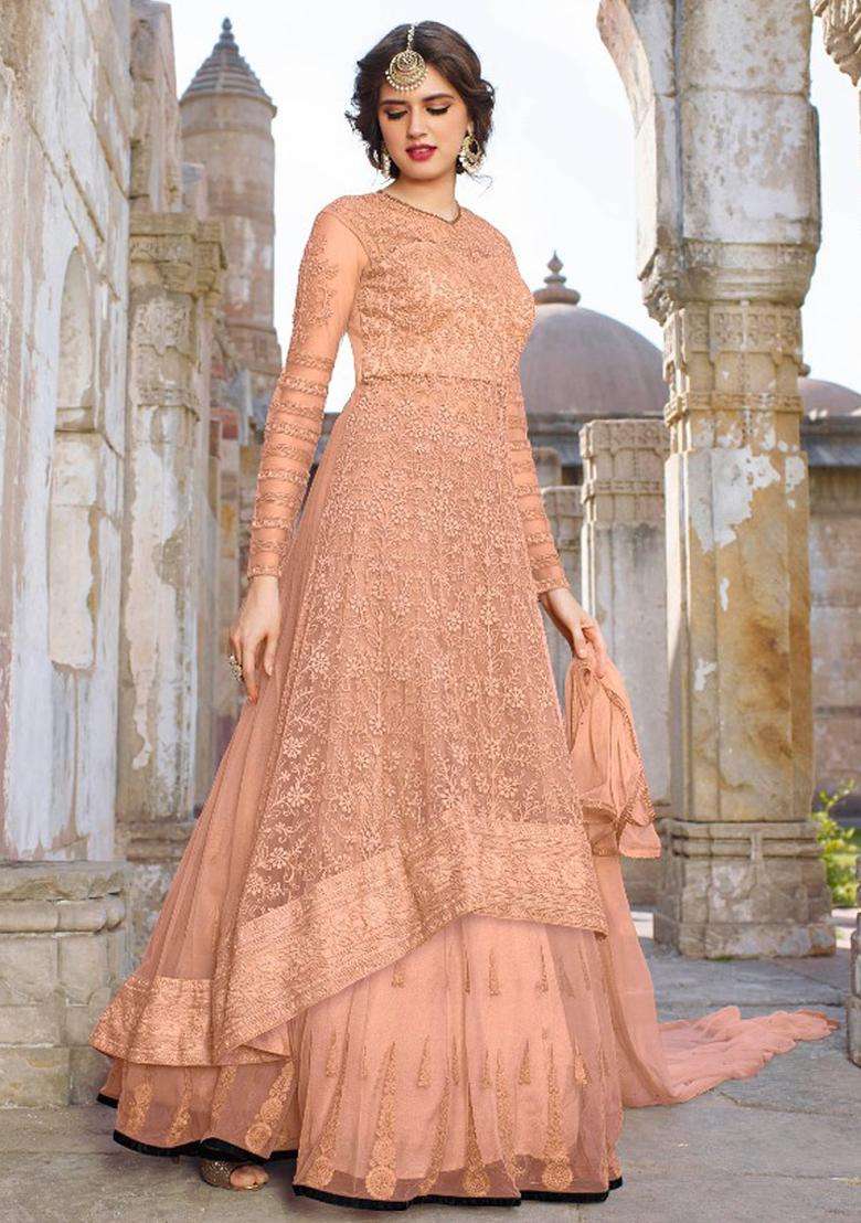 Peach Sequins Embroidery Work Net Lehenga Set - Indya