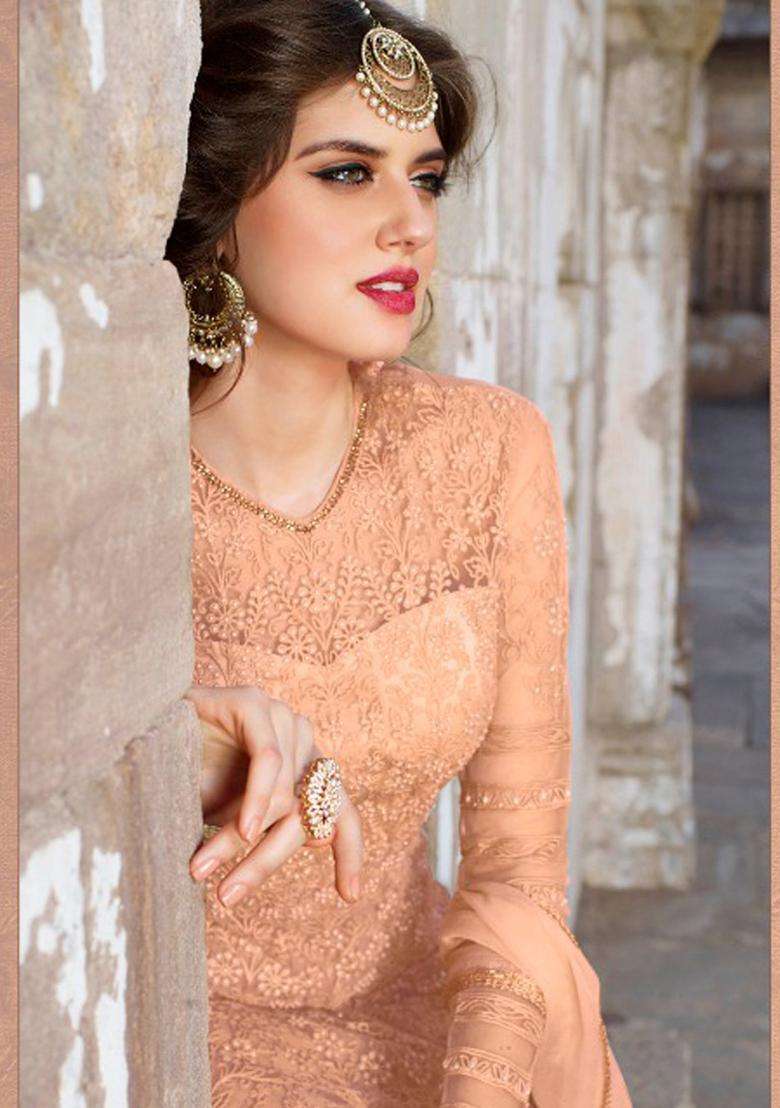 Peach Sequins Embroidery Work Net Lehenga Set - Indya