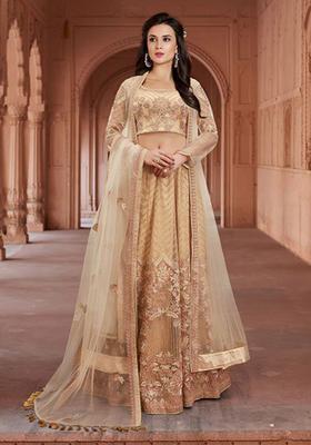 Cream Embroidery Net Lehenga Set