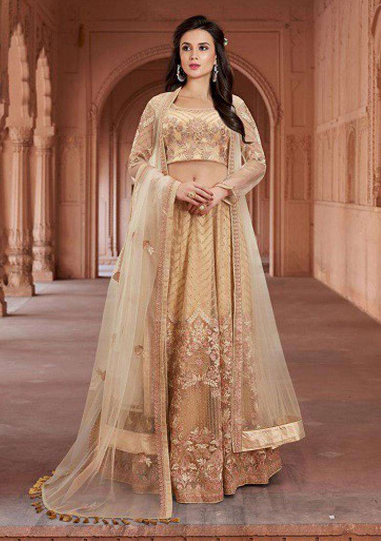 Cream Embroidery Net Lehenga Set - Indya
