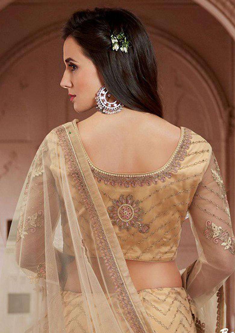 Cream Embroidery Net Lehenga Set - Indya