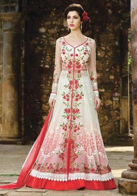 Cream Zari Work Net Lehenga Set