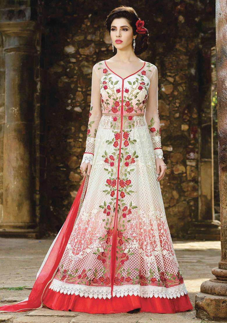 Cream Zari Work Net Lehenga Set - Indya