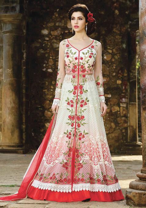 Cream Zari Work Net Lehenga Set