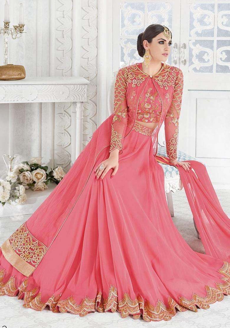 Pink Zari Work Net Lehenga Set - Indya