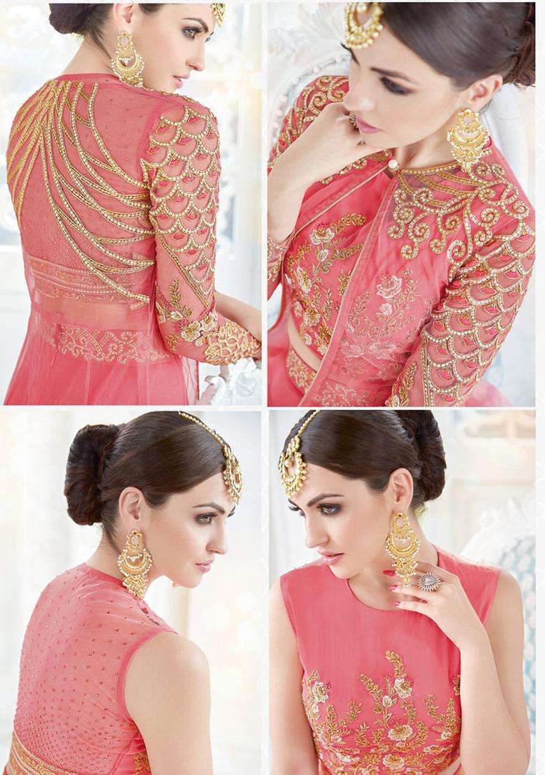 Pink Zari Work Net Lehenga Set - Indya
