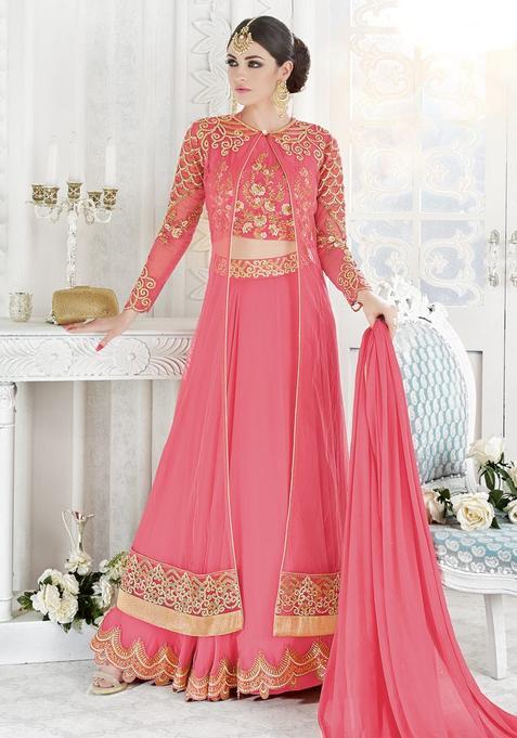 Pink Zari Work Net Lehenga Set