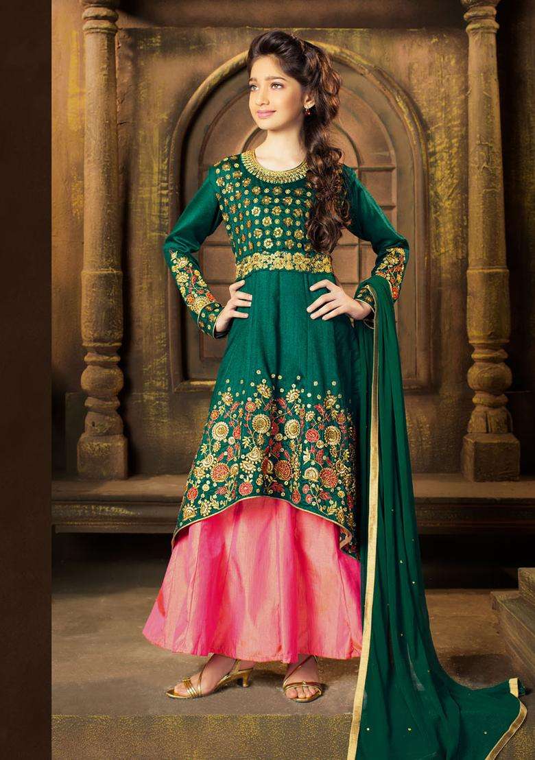Green Embroidery Silk Lehenga Set - Indya