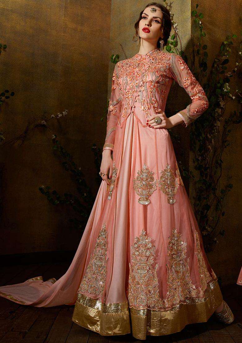 Pink Embroidery Net Lehenga Set - Indya