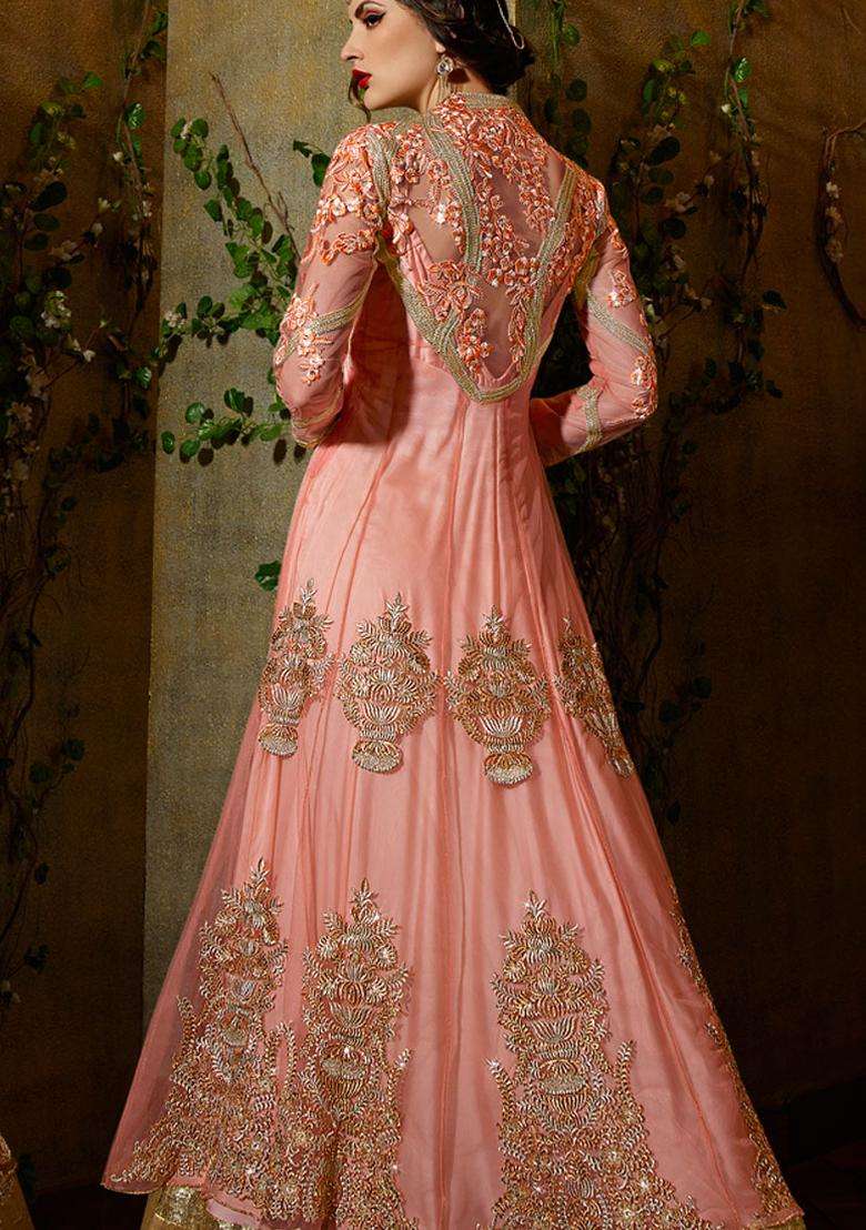Pink Embroidery Net Lehenga Set - Indya